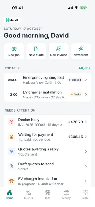 Handl home screen on iPhone showing today's jobs, an overdue invoice and quotes awaiting a reply