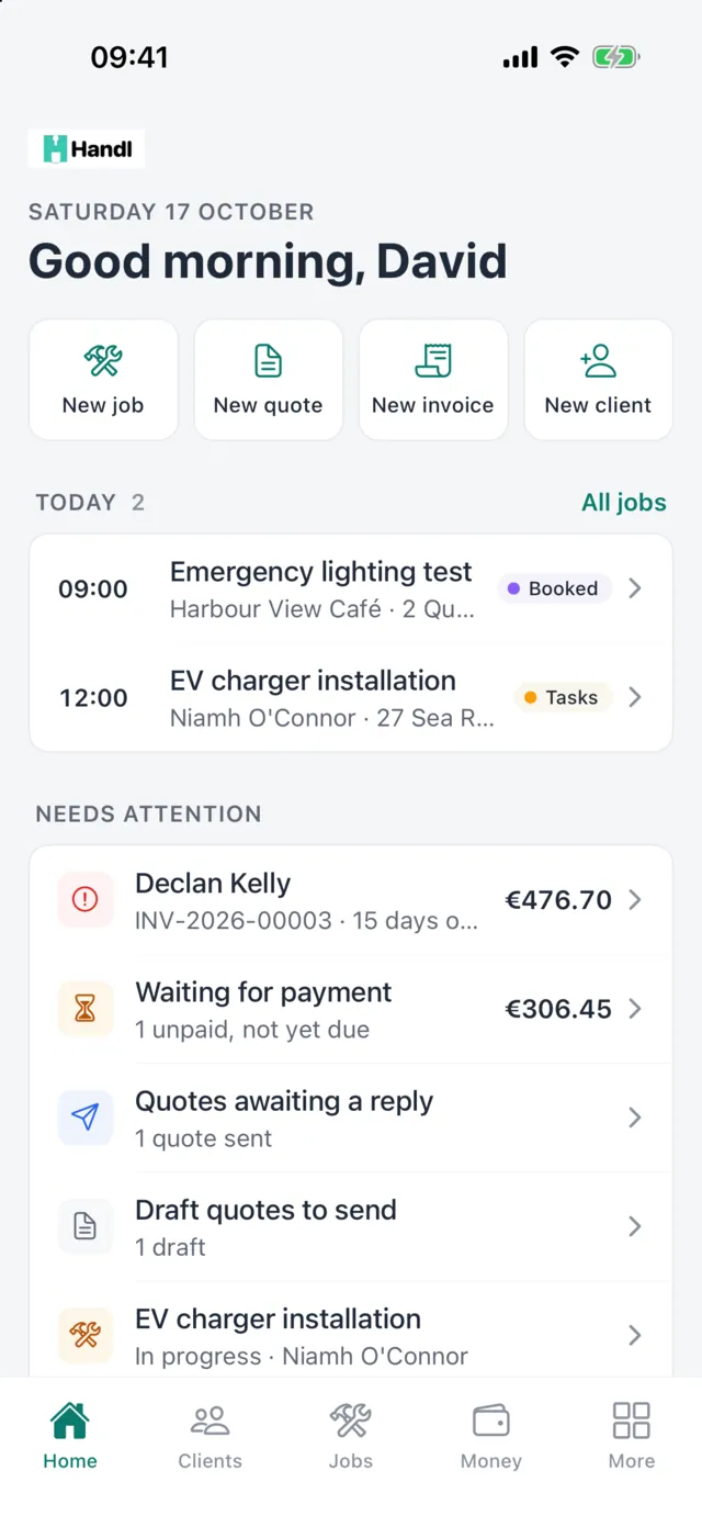 Handl home screen on iPhone showing today's jobs, an overdue invoice and quotes awaiting a reply
