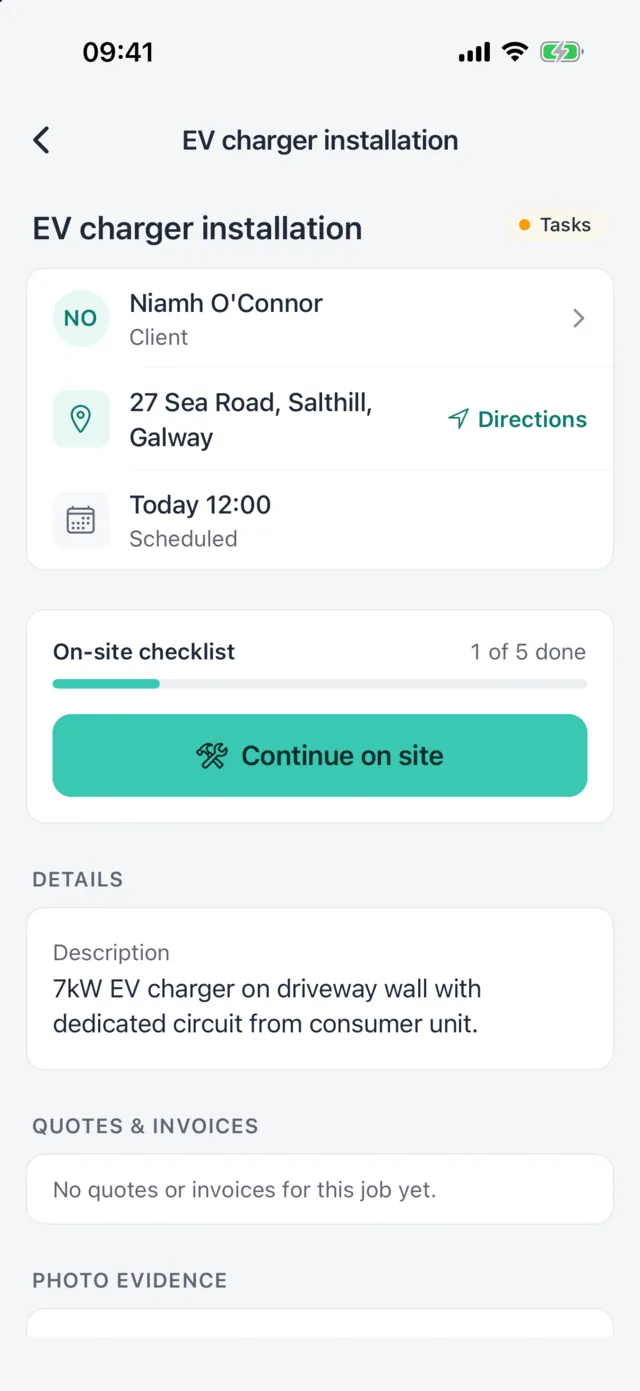 Job detail for an EV charger installation with the client, site address, scheduled time and on-site checklist
