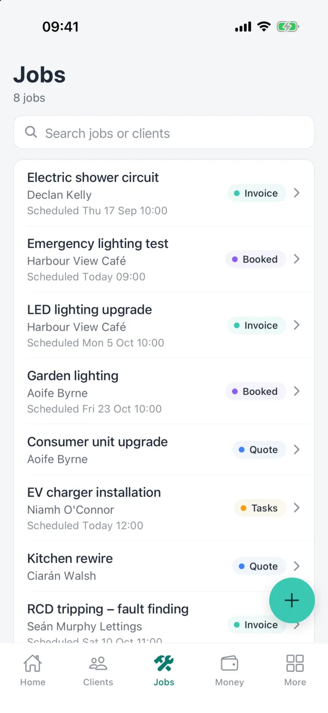 Handl jobs list with status for each job, such as Booked, Quote and Invoice