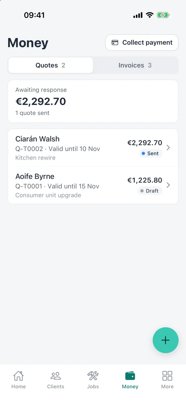 Money tab listing quotes awaiting a response and drafts, with a Collect payment button