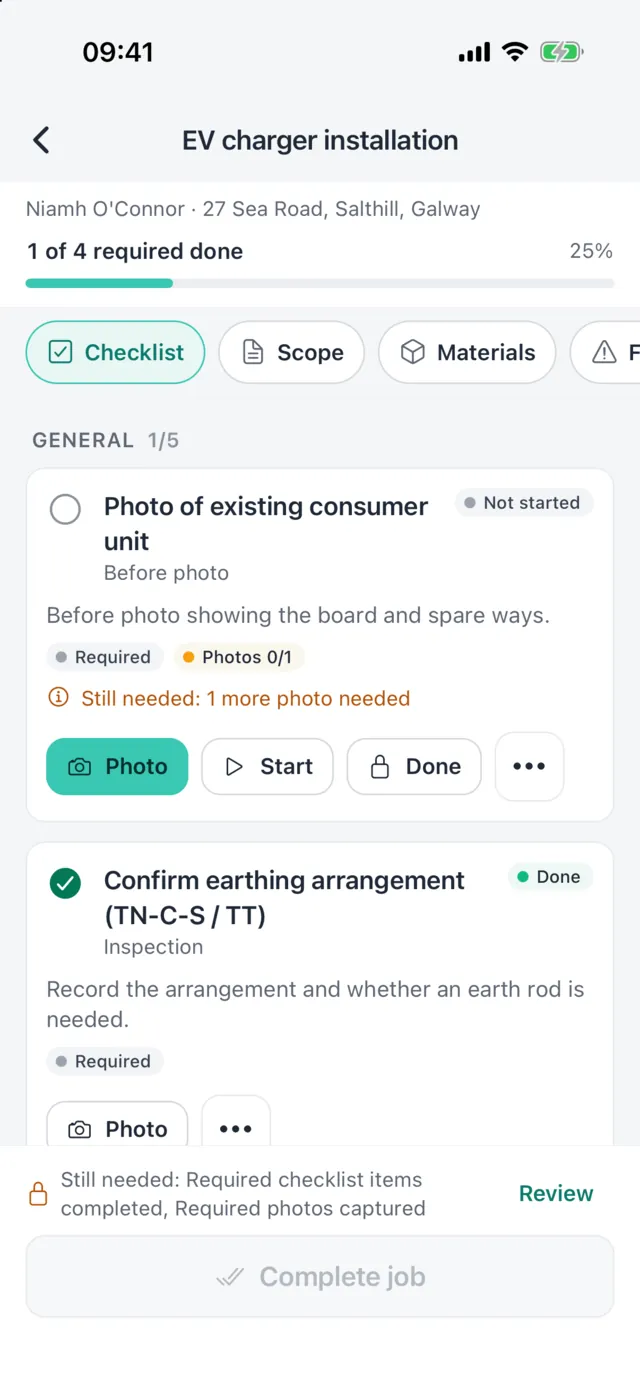 On-site checklist with required photos, inspection items and the Complete job button