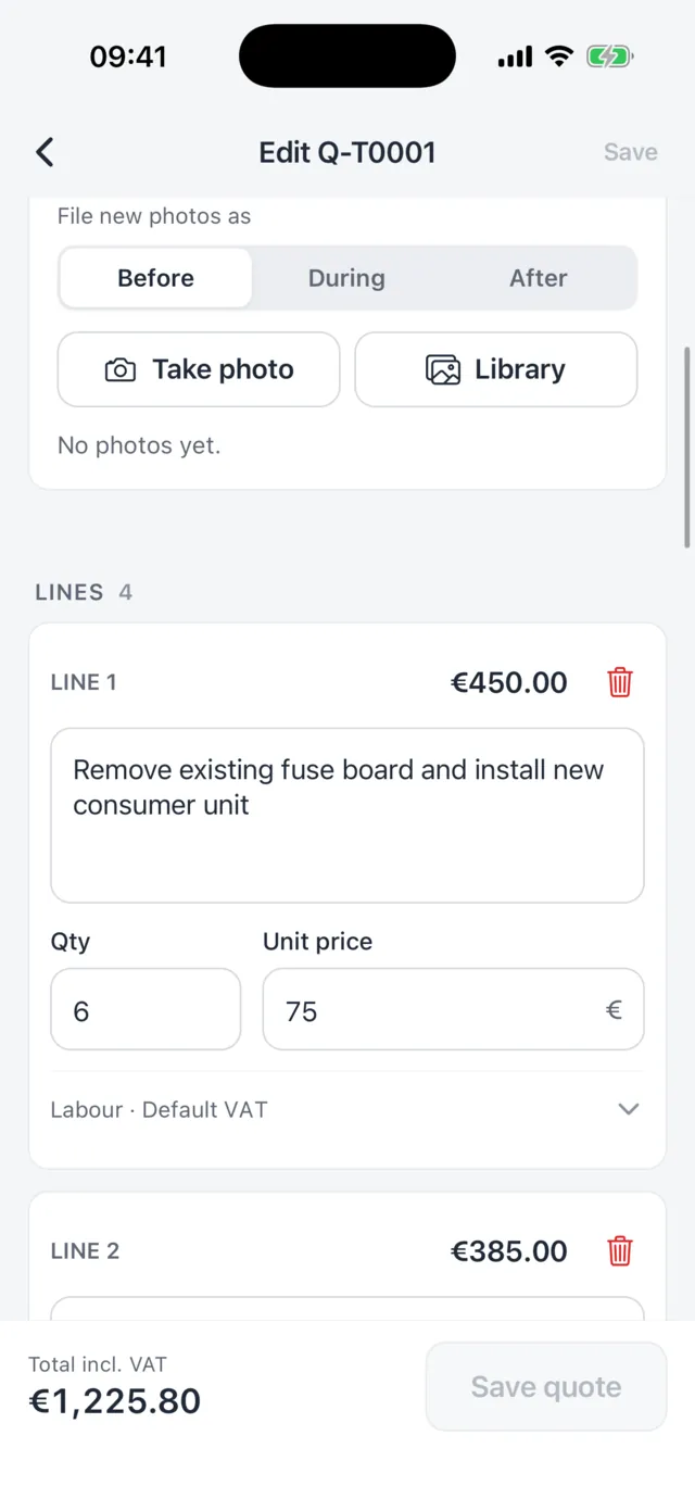 Quote builder with before, during and after site photos and a labour line priced at 6 × €75