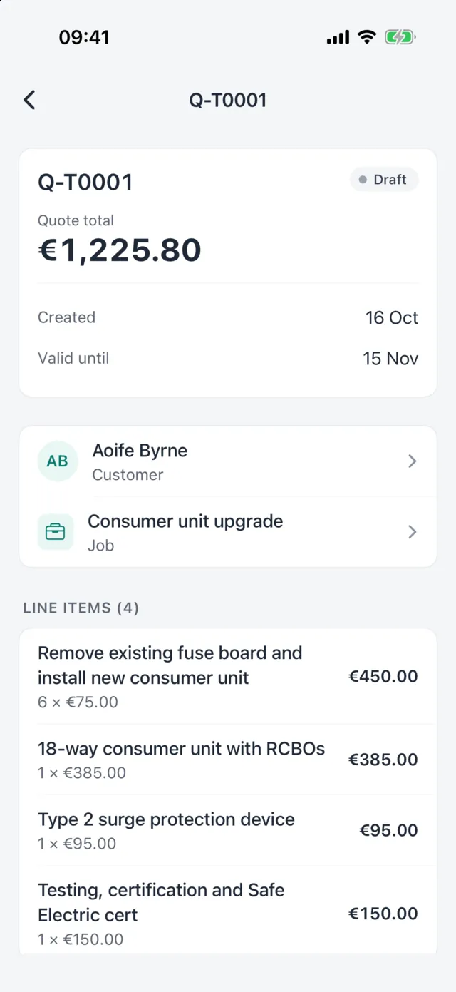 Quote for a consumer unit upgrade showing four line items and a total of €1,225.80
