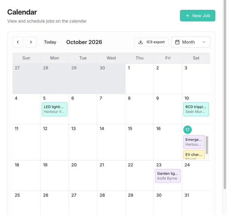 Handl on the web: October job calendar with scheduled jobs and an ICS export button