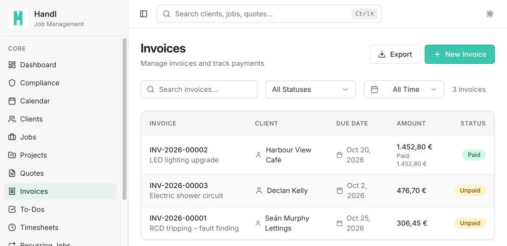 Handl on the web: invoices list showing paid and unpaid invoices with due dates and amounts