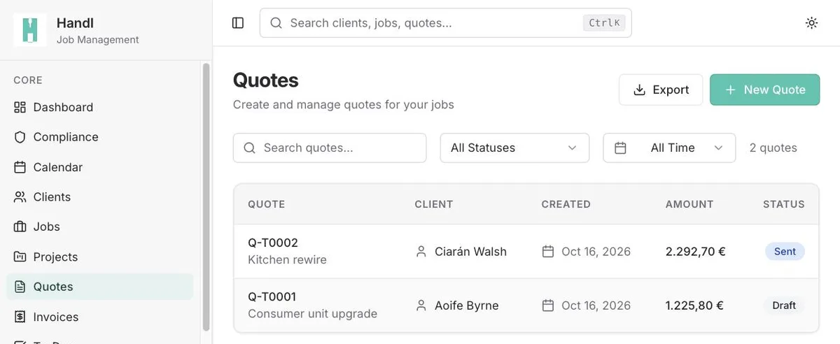 Handl on the web: quotes list with a sent kitchen rewire quote and a draft consumer unit upgrade, amounts in euro