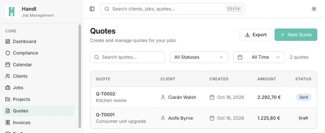Handl on the web: quotes list with a sent kitchen rewire quote and a draft consumer unit upgrade, amounts in euro